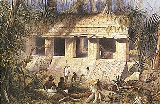Ruiny pałacu w Palenque na XIX-wiecznej rycinie Frederica Catherwooda.